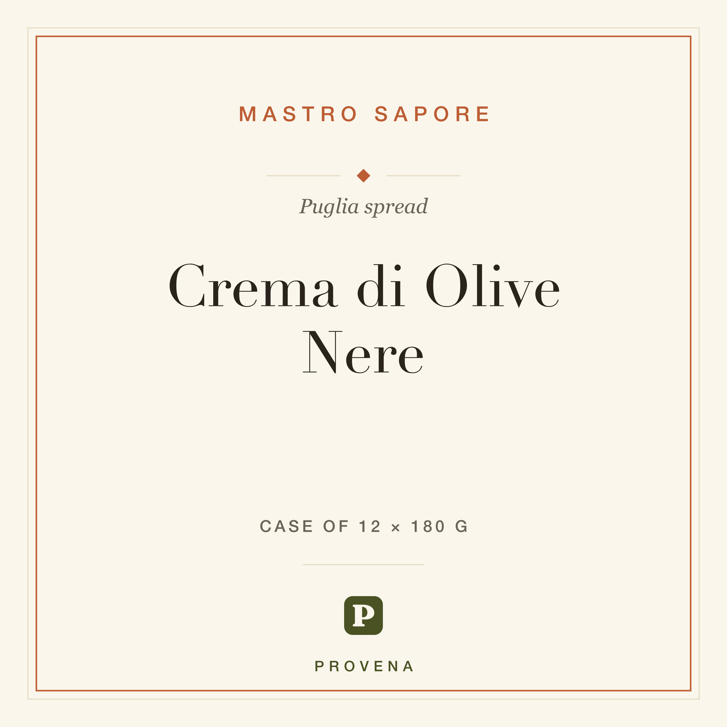 Crema di Olive Nere — Mastro Sapore, Provena label