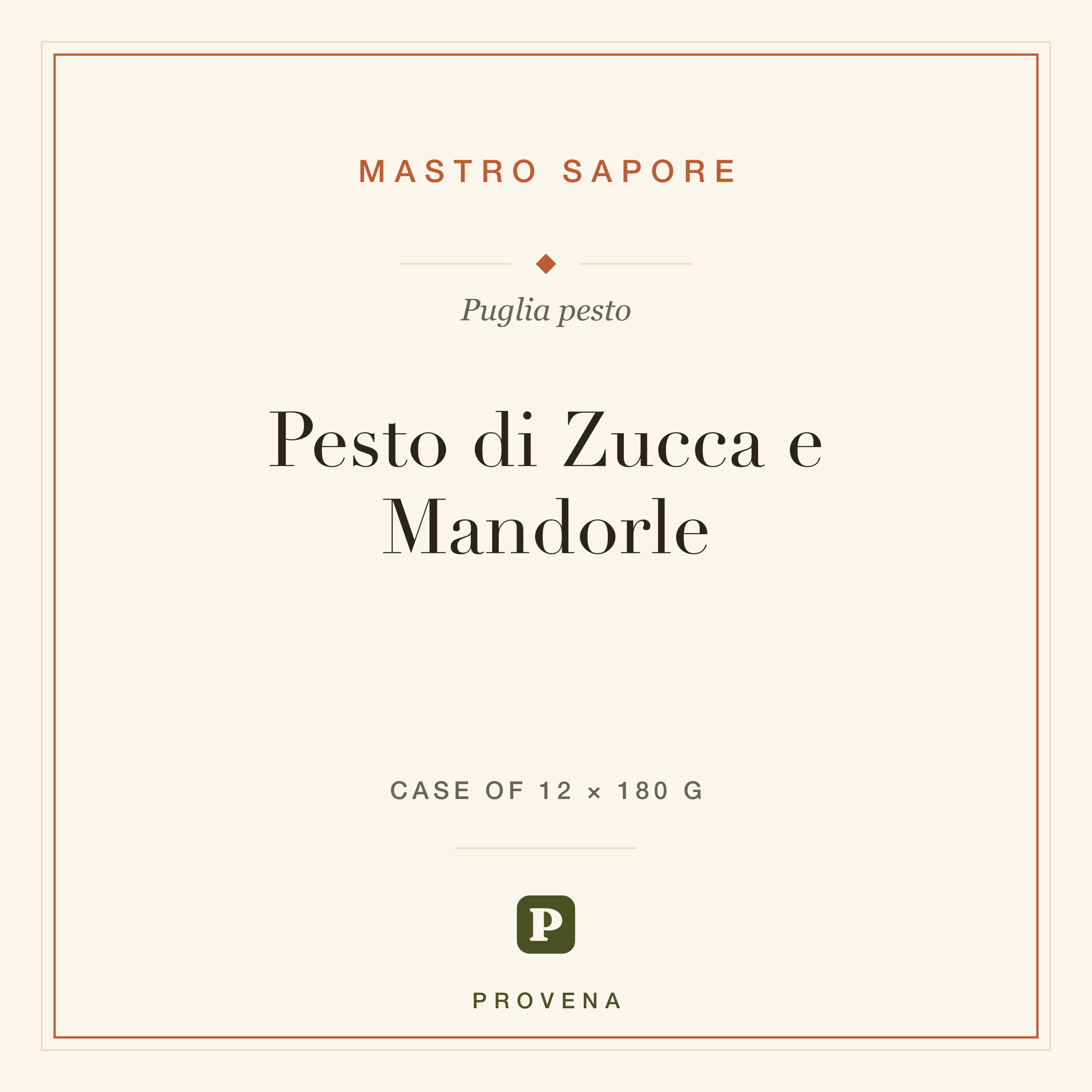 Pesto di Zucca e Mandorle — Mastro Sapore, Provena label