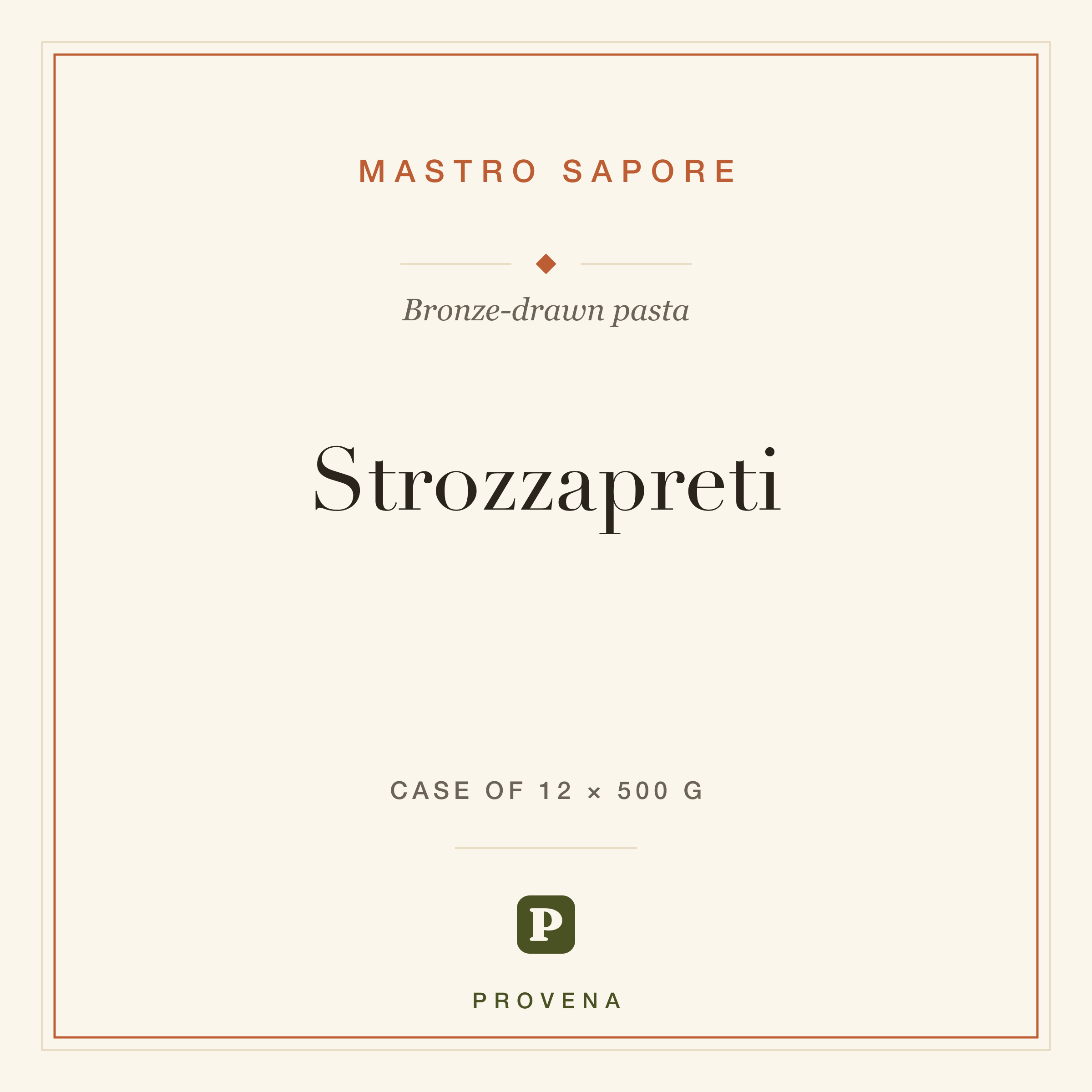 Strozzapreti — Mastro Sapore, Provena label